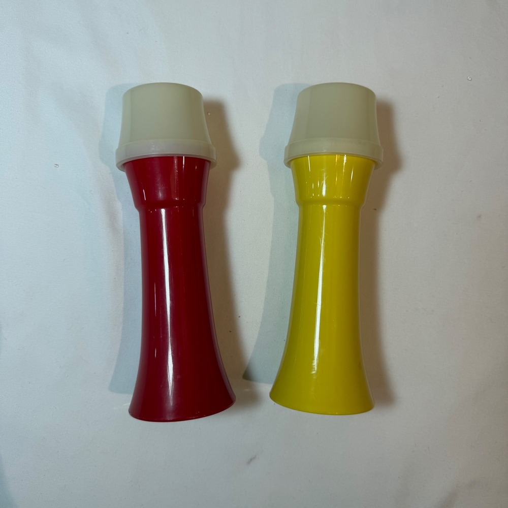 Vintage Tupperware Condiment Pump Dispensers Red Yellow Set 870 Ketchup Mustard